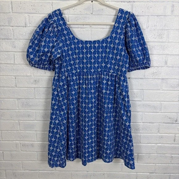 Rhode for Target Babydoll Dress M Blue Embroidered Eyelet Puff Sleeves Pockets - Picture 2 of 12